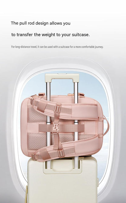 travel backpack with luggage sleeve secured over suitcase trolley handle for airport travel