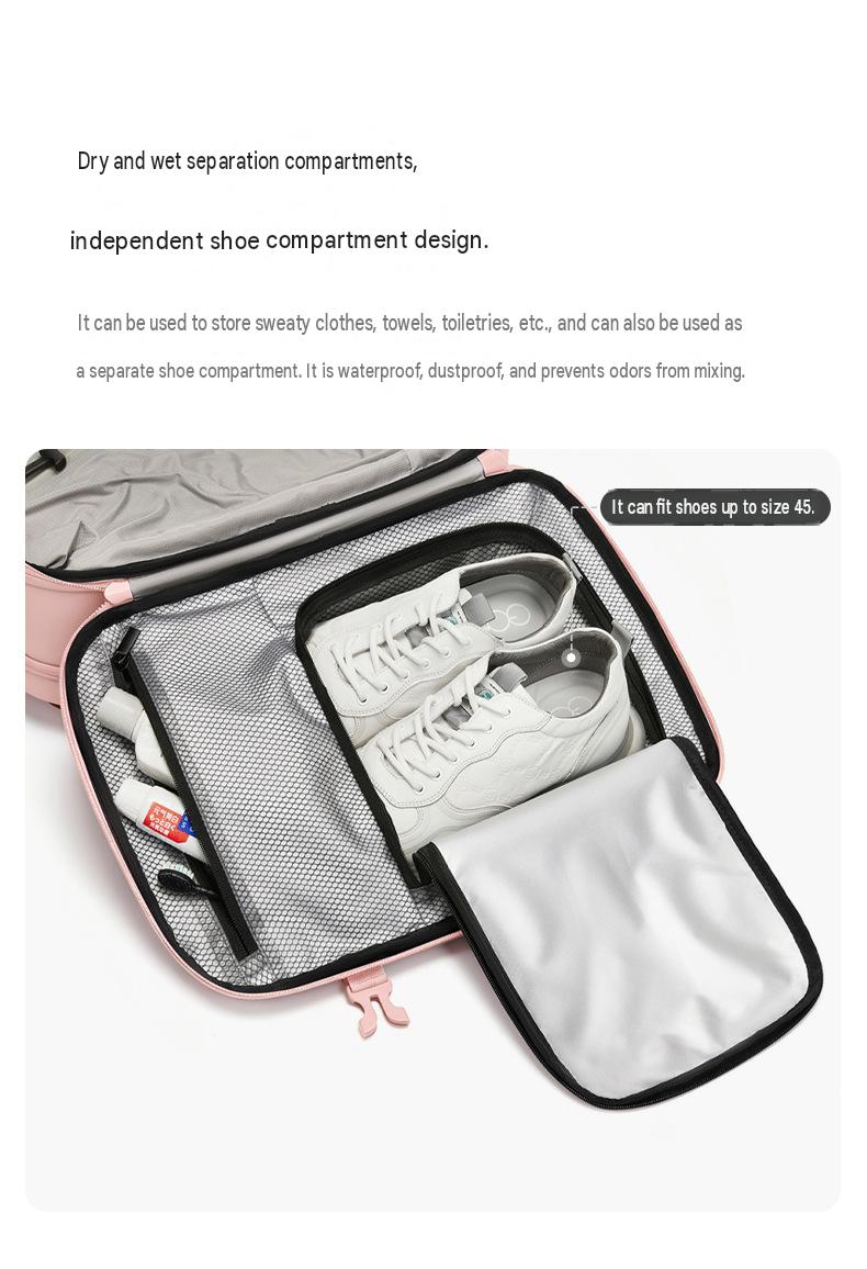 travel backpack with separate shoe and wet storage compartment designed to hold shoes up to size 45