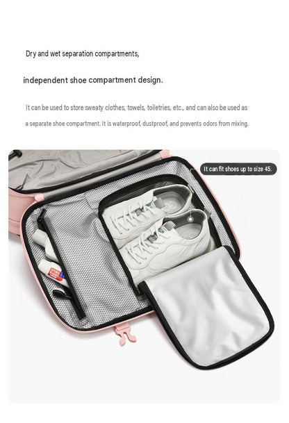 travel backpack with separate shoe and wet storage compartment designed to hold shoes up to size 45