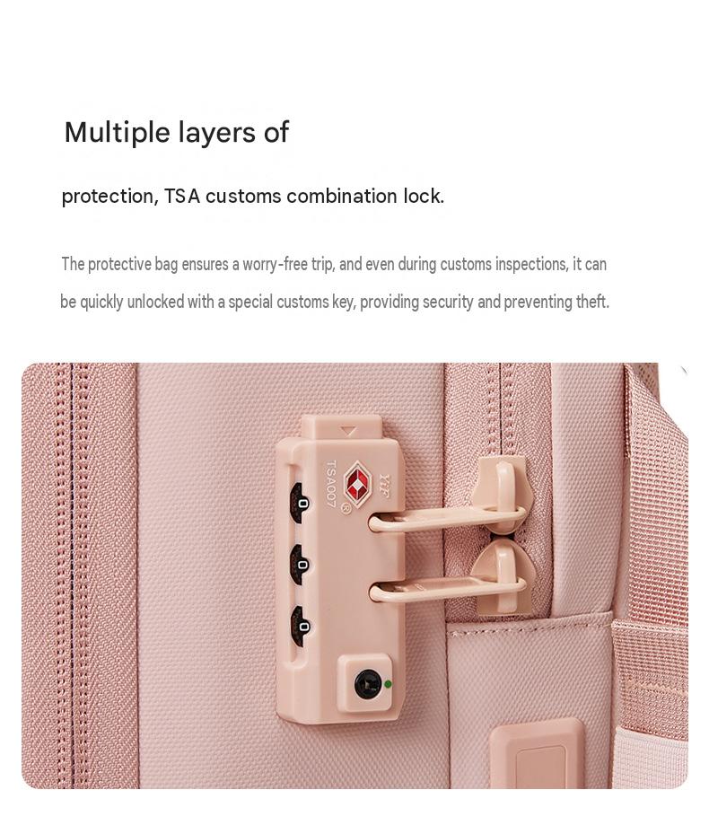 travel backpack TSA combination lock detail with integrated zipper locking system