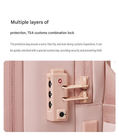 travel backpack TSA combination lock detail with integrated zipper locking system