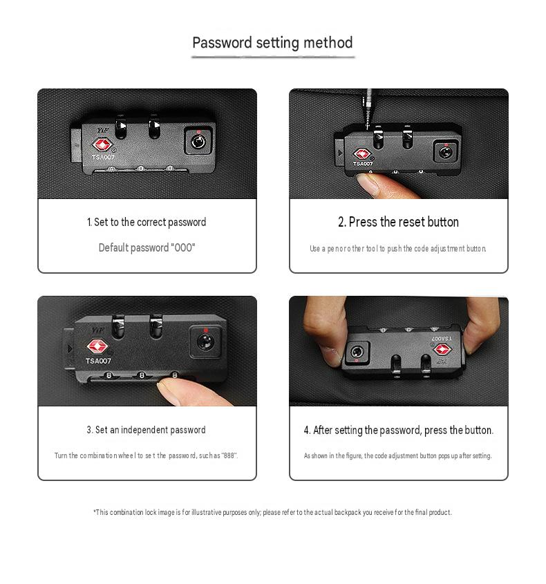 travel backpack TSA combination lock setting guide showing password setup and lock operation steps