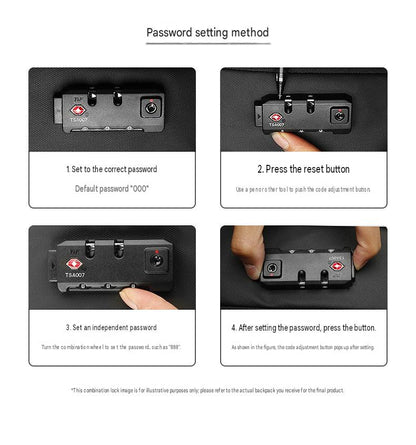 travel backpack TSA combination lock setting guide showing password setup and lock operation steps