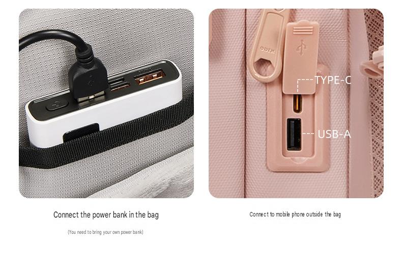 travel backpack external USB-A and Type-C connection with internal power bank cable setup
