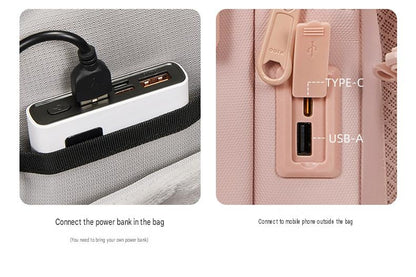 travel backpack external USB-A and Type-C connection with internal power bank cable setup
