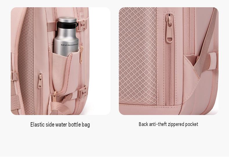 travel backpack with elastic side water bottle pocket and separate rear zippered storage pocket