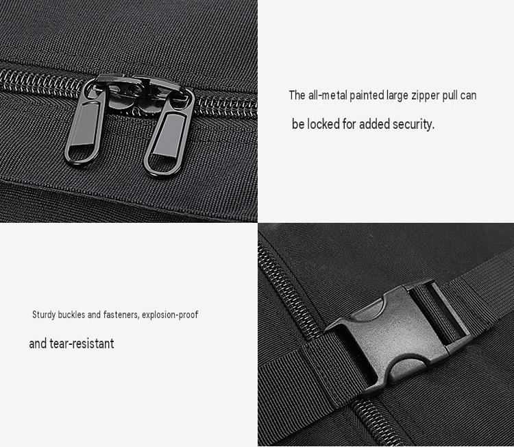 travel bag detail showing dual metal zipper pulls and adjustable webbing strap with side release buckle