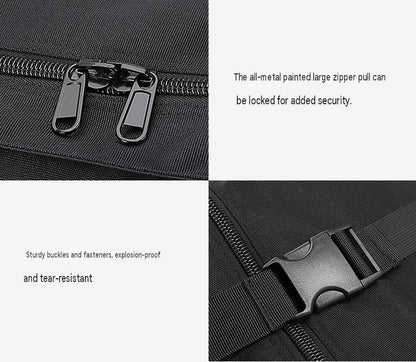 travel bag detail showing dual metal zipper pulls and adjustable webbing strap with side release buckle