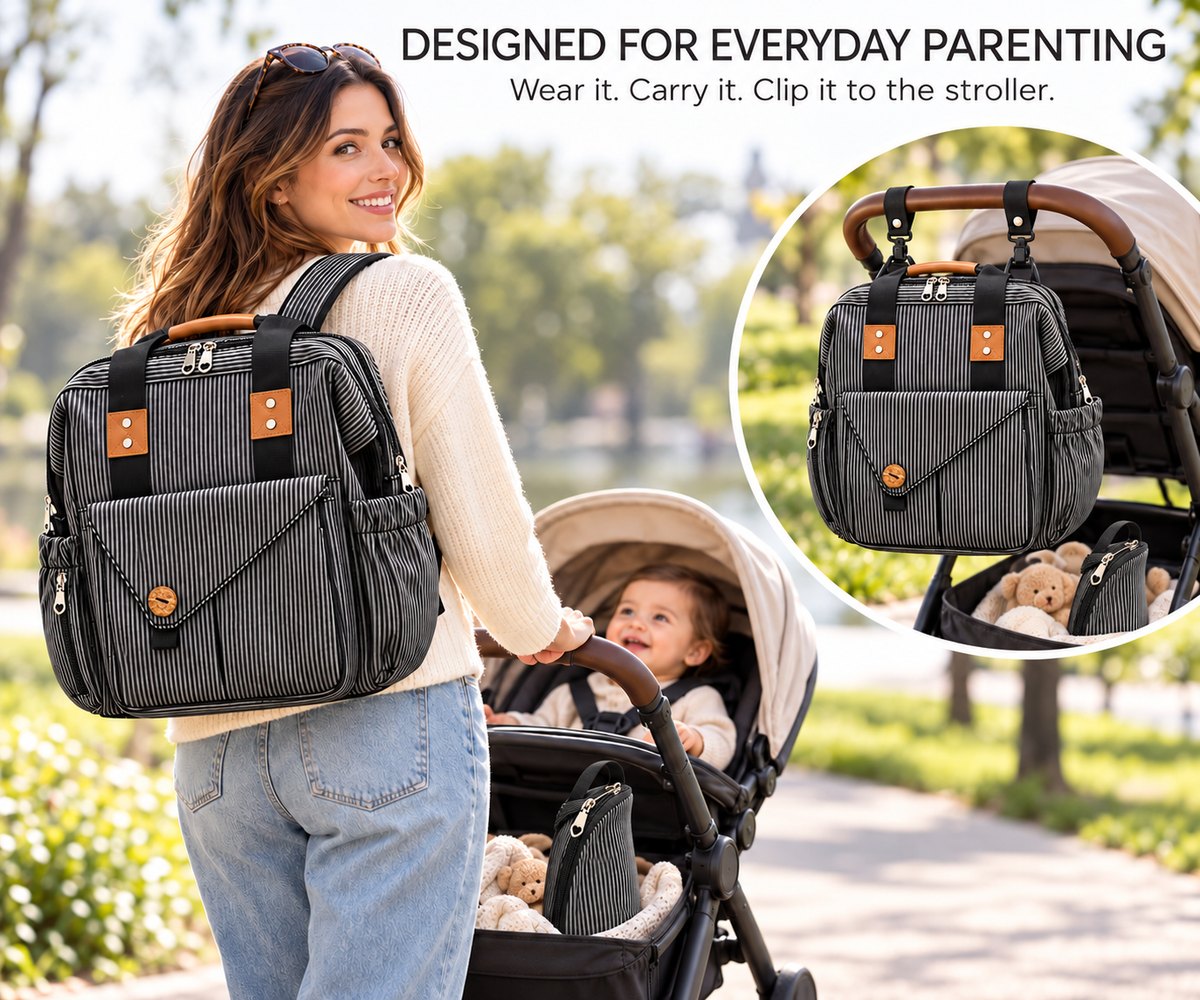 woman wearing black striped travel diaper backpack beside stroller with inset showing bag attached to stroller handle