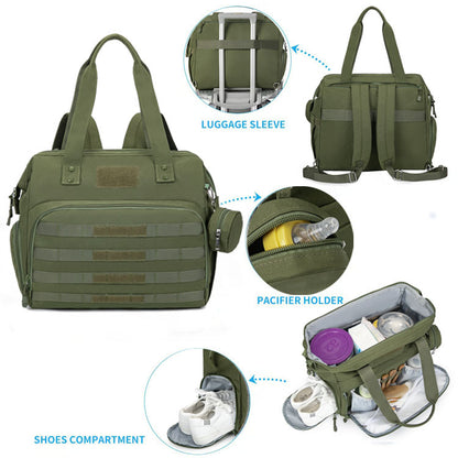 travel diaper bag with luggage sleeve small zippered pacifier pouch and separate shoe storage compartment
