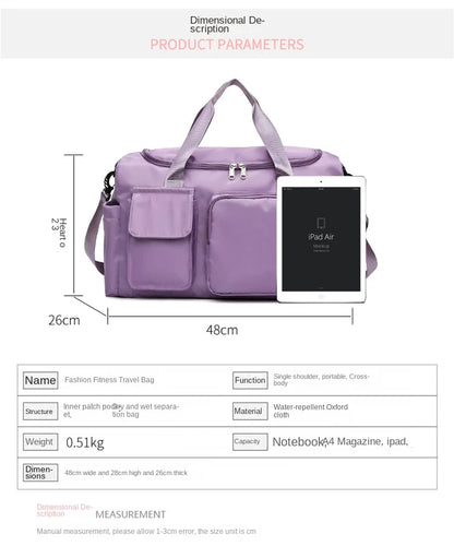 travel duffel bag size approximately 48 x 26 x 28 cm with 0.51 kg lightweight structure