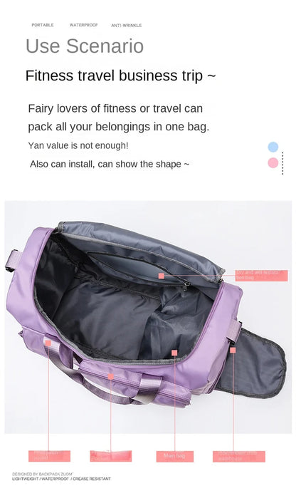 travel duffel bag interior with large main compartment and separate side shoe storage