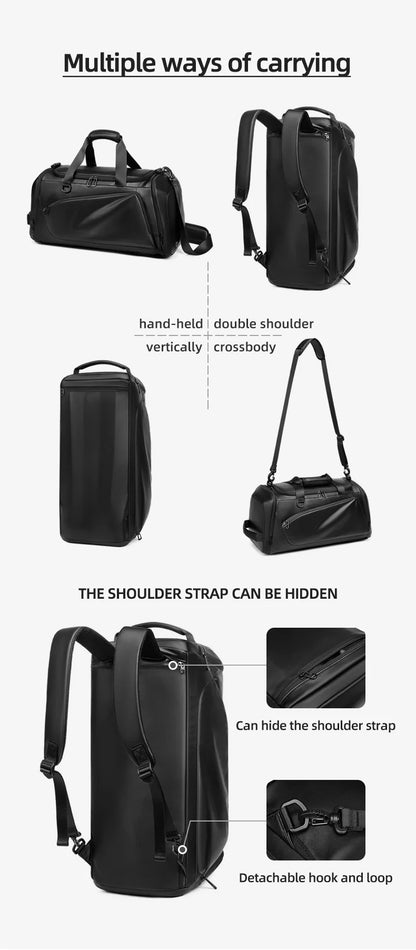 travel duffel bag details with padded handles shoulder pad zippers mesh and strap hardware