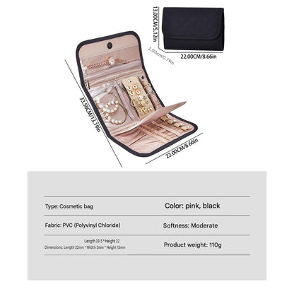 travel jewelry organizer specifications showing folded size 22 x 13 x 2 cm open layout clear PVC sections and 110 gram reference weight