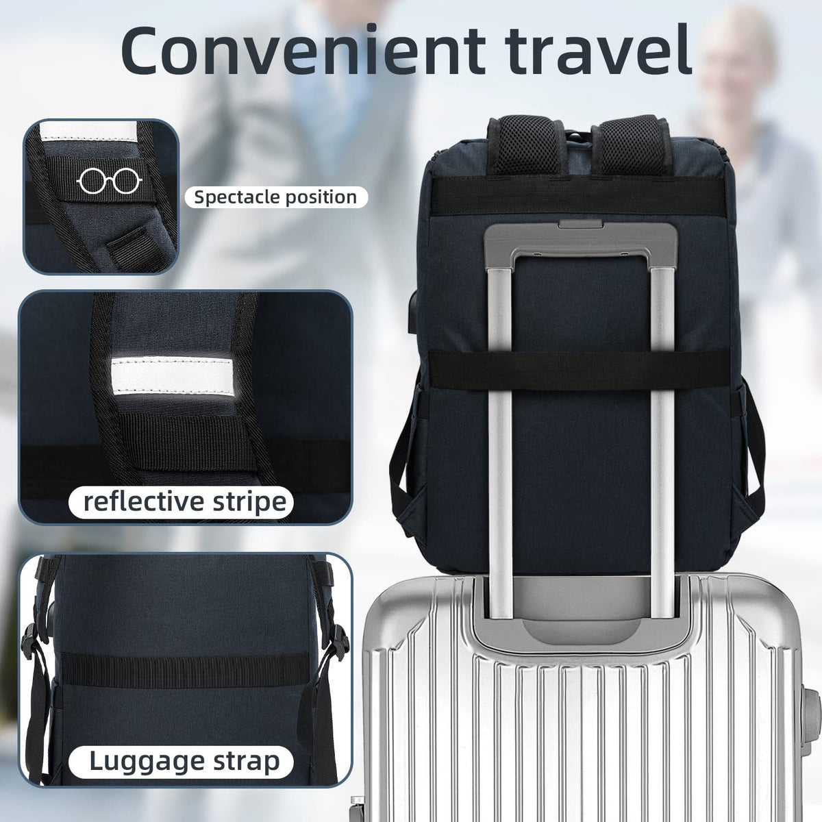 travel laptop backpack with luggage strap reflective shoulder detail and spectacle holder position