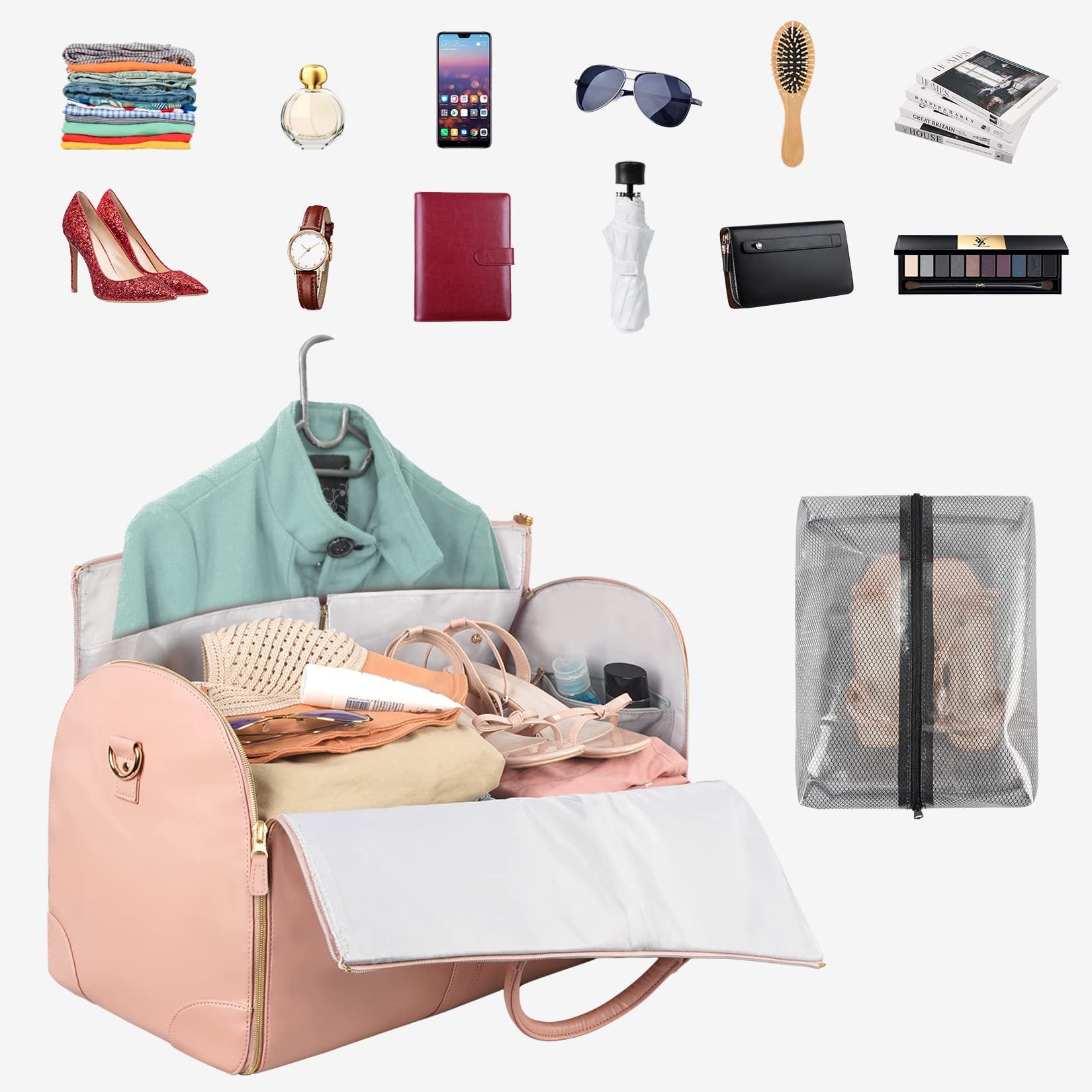 pink pu travel luggage bag,women,detail