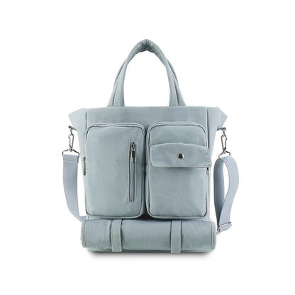 light blue nylon travel mummy bag,women,front
