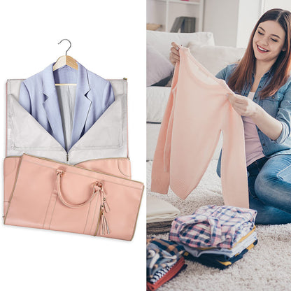 travel suit bag opened for hanging a jacket with foldable garment storage for packing clothes