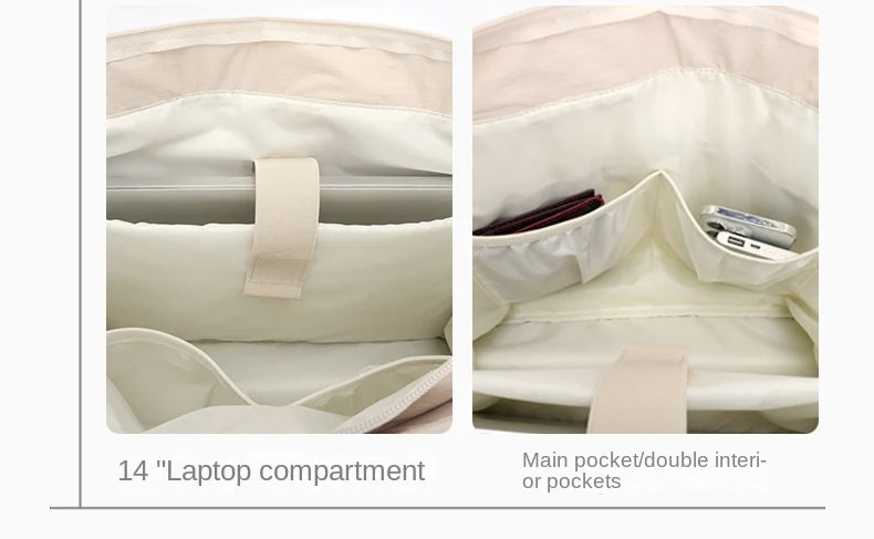 travel tote bag with 14 inch laptop compartment and divided interior pockets