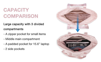 travel tote bag with three divided compartments zipper pocket and padded 15.6 inch laptop pocket