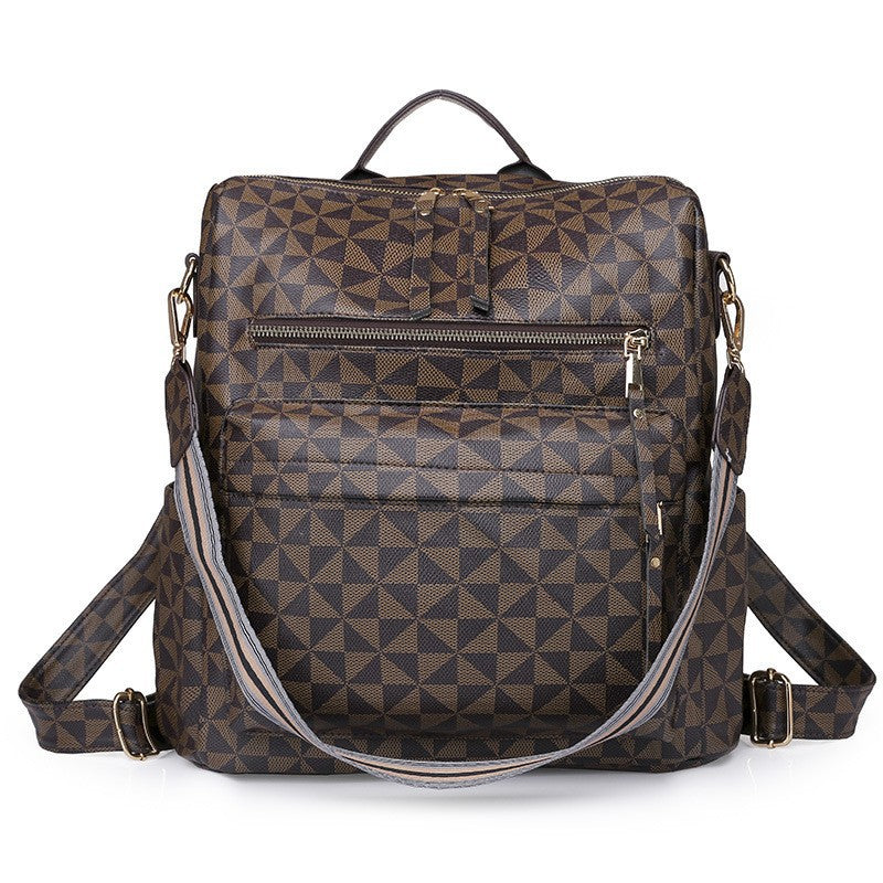brown triangular grid patterned backpack with front zippered pockets and matching shoulder straps