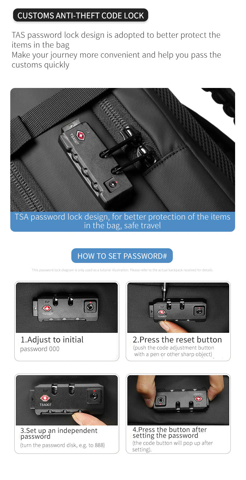 anti theft travel backpack with tsa combination lock