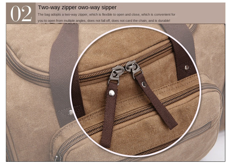 two way zipper detail on canvas travel bag for easier access from multiple directions