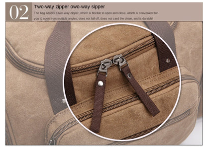 two way zipper detail on canvas travel bag for easier access from multiple directions