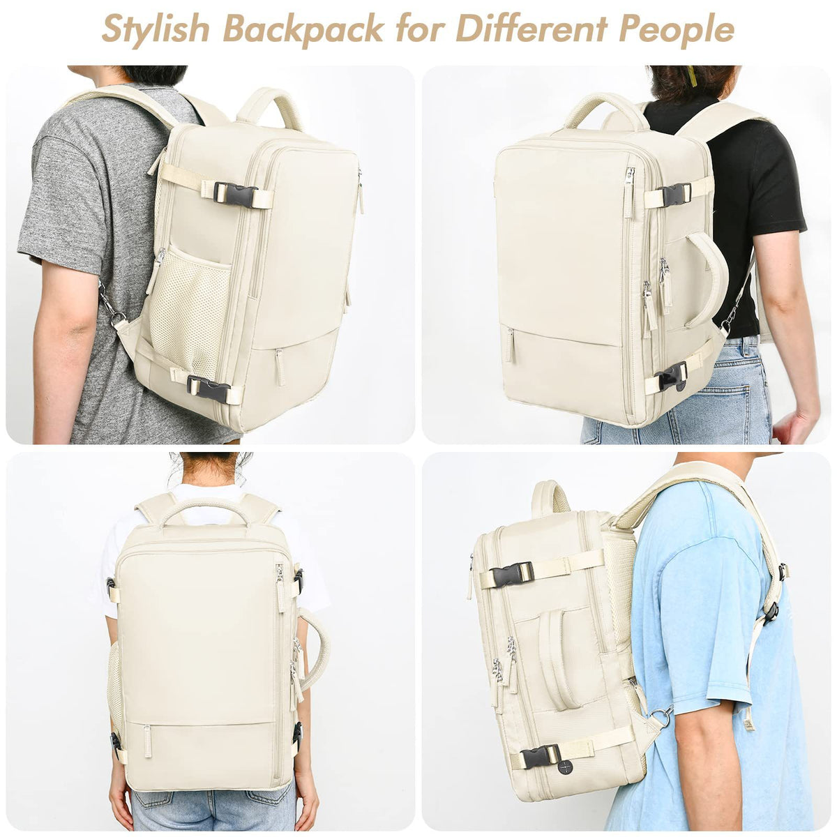 unisex business travel backpack shown from front back and side wearing views