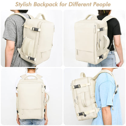 unisex business travel backpack shown from front back and side wearing views