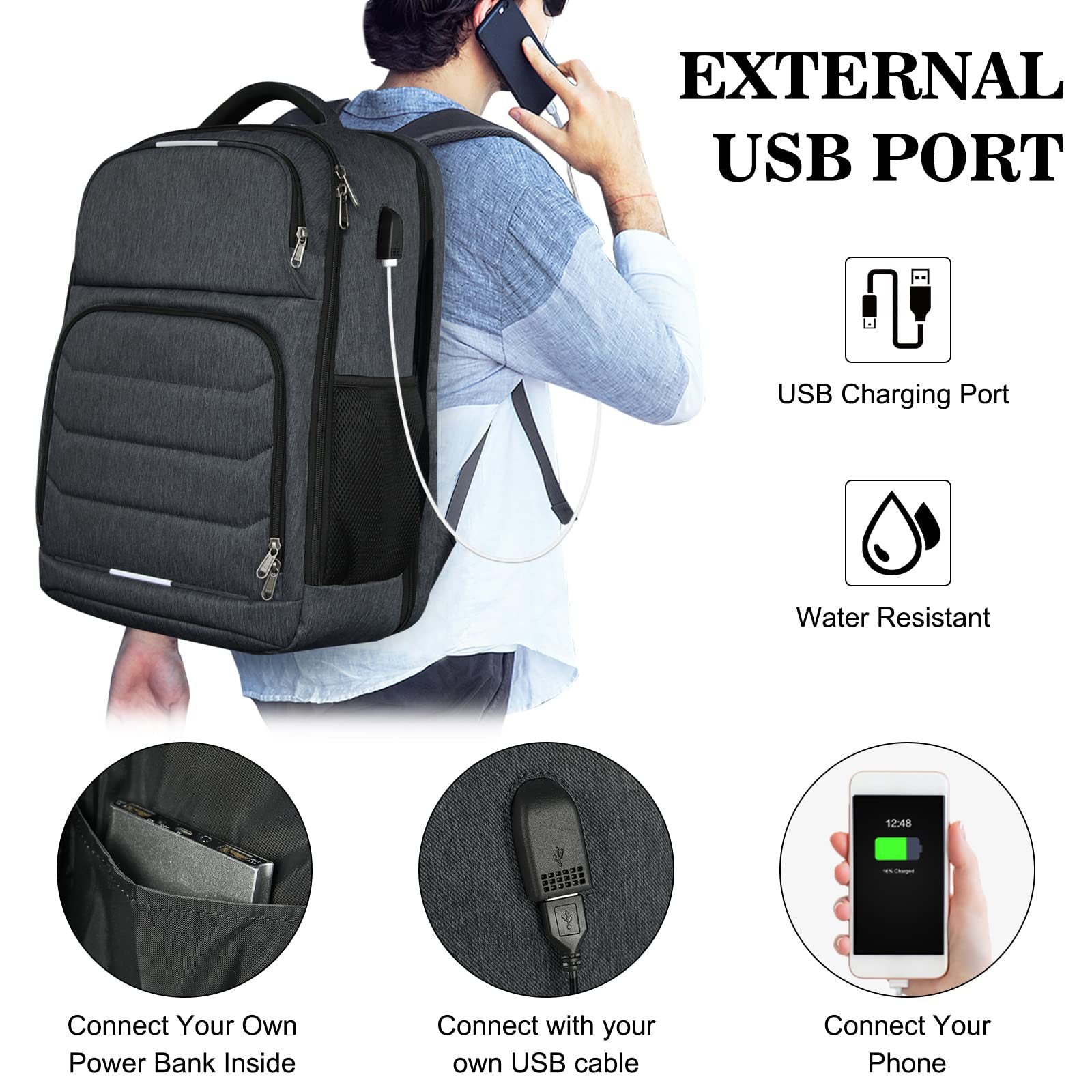 business travel backpack with external usb charging port for laptop and mobile devices