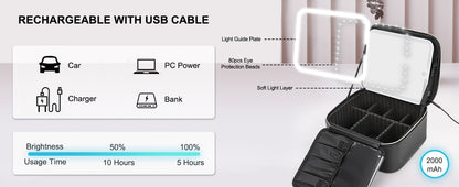 usb rechargeable makeup case with led mirror lighting structure 2000mah battery and illustrated five to ten hour runtime