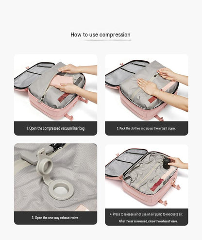 vacuum backpack compression process showing airtight liner packing one-way valve and air removal steps
