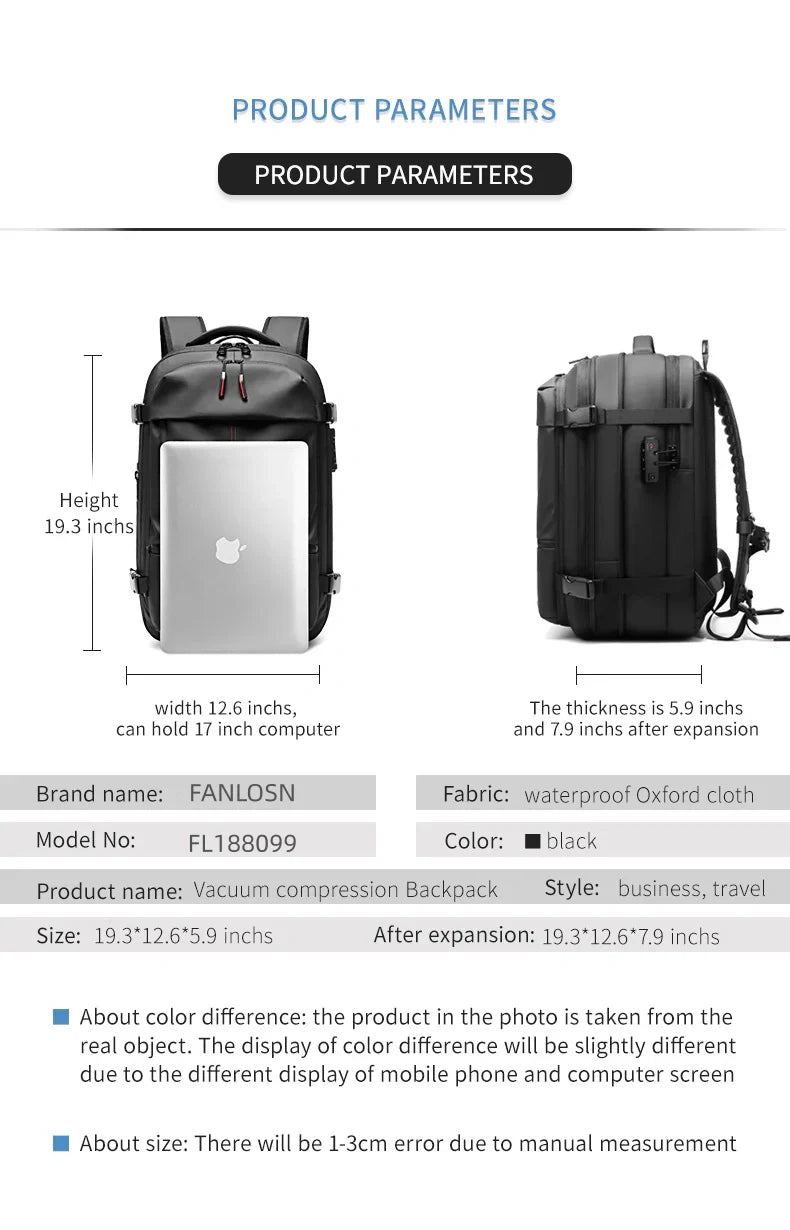 black fanlosn oxford vacuum compression backpack,men,dimensions
