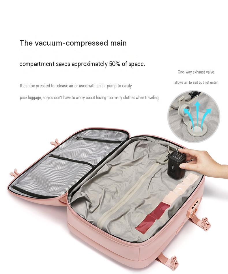 vacuum travel backpack specifications with 30 x 40 x 15 cm size 5 cm expansion and 16-inch laptop capacity