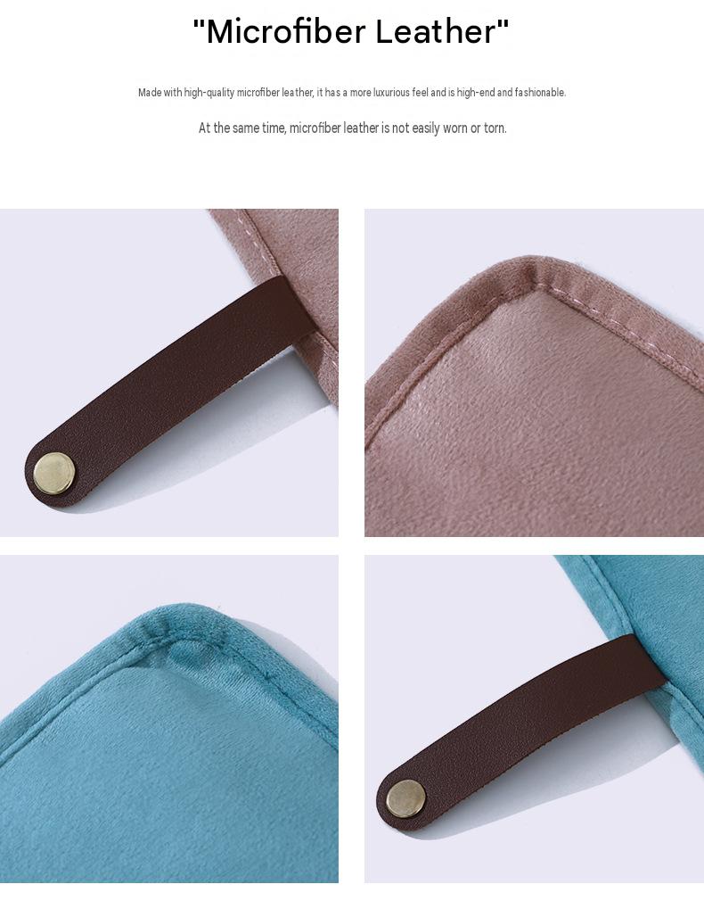 velvet jewelry organizer close up showing soft suede-like fabric stitched edges brown fastening strap and metal snap