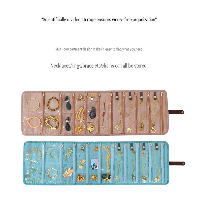 powder brown and light blue velvet jewelry organizers fully opened to show separate clear compartments and necklace holders