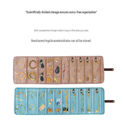 powder brown and light blue velvet jewelry organizers fully opened to show separate clear compartments and necklace holders