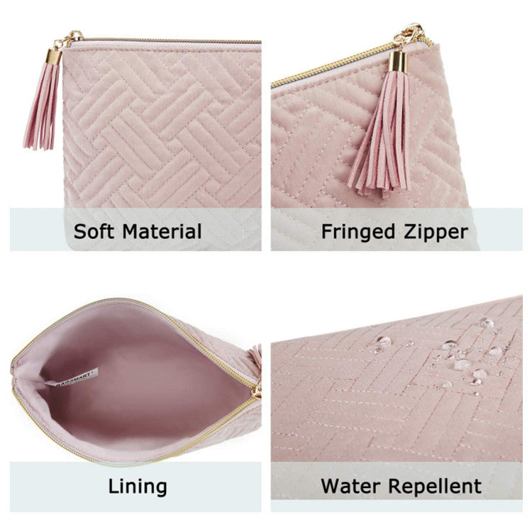 velvet makeup bag with tassel zipper and soft fabric detail