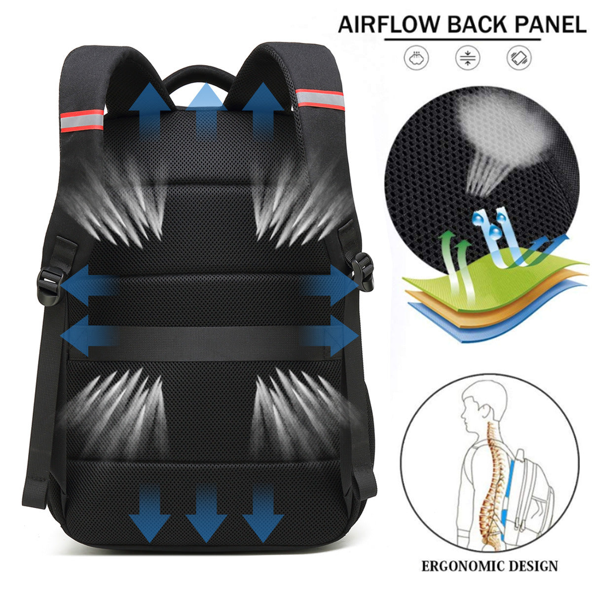 office pack with ventilated mesh back support, airflow channels and padded shoulder straps
