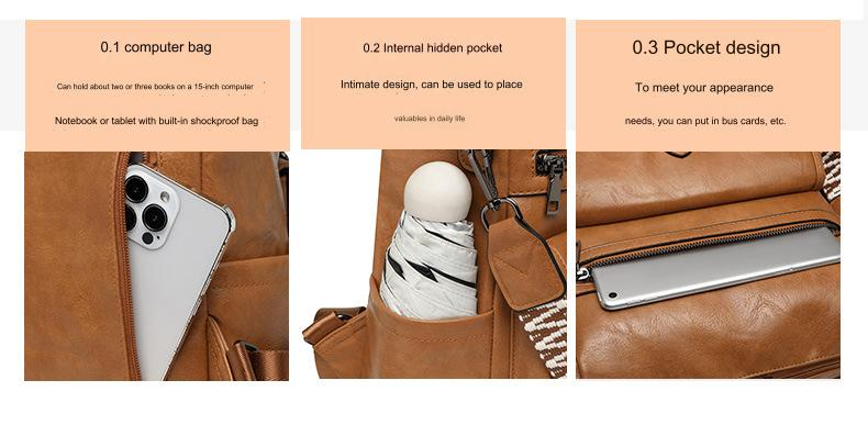 vintage women's backpack pocket details showing side storage rear concealed zipper pocket and front zipper pocket for small essentials