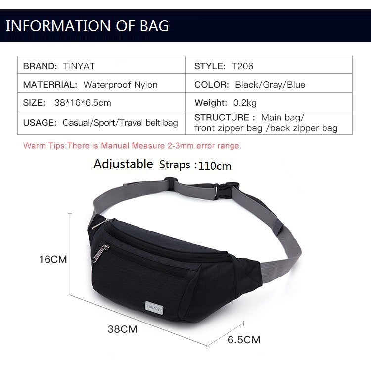 nylon waist bag specification chart showing 38 cm width 16 cm height 6.5 cm depth approximately 200 g weight and 110 cm strap