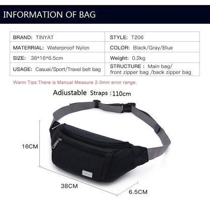 nylon waist bag specification chart showing 38 cm width 16 cm height 6.5 cm depth approximately 200 g weight and 110 cm strap