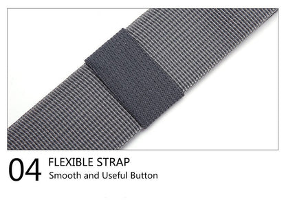 close up of gray woven waist bag belt showing stitched strap keeper and adjustable webbing construction