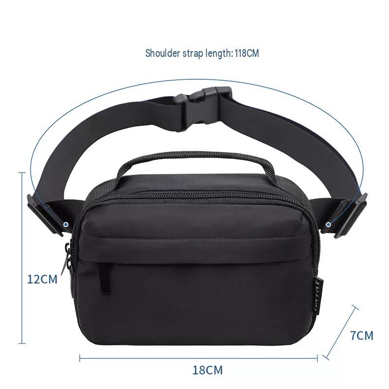 custom waist bag dimension guide showing 18 cm width 12 cm height 7 cm depth and approximately 118 cm adjustable strap