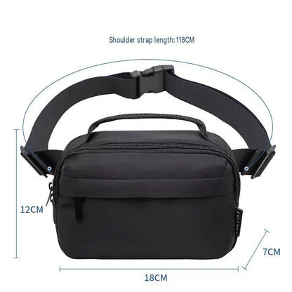 custom waist bag dimension guide showing 18 cm width 12 cm height 7 cm depth and approximately 118 cm adjustable strap