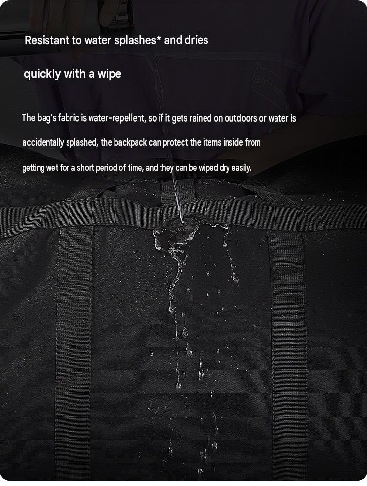water-repellent foldable travel bag fabric shown resisting short-term water splashes for easier wipe cleaning