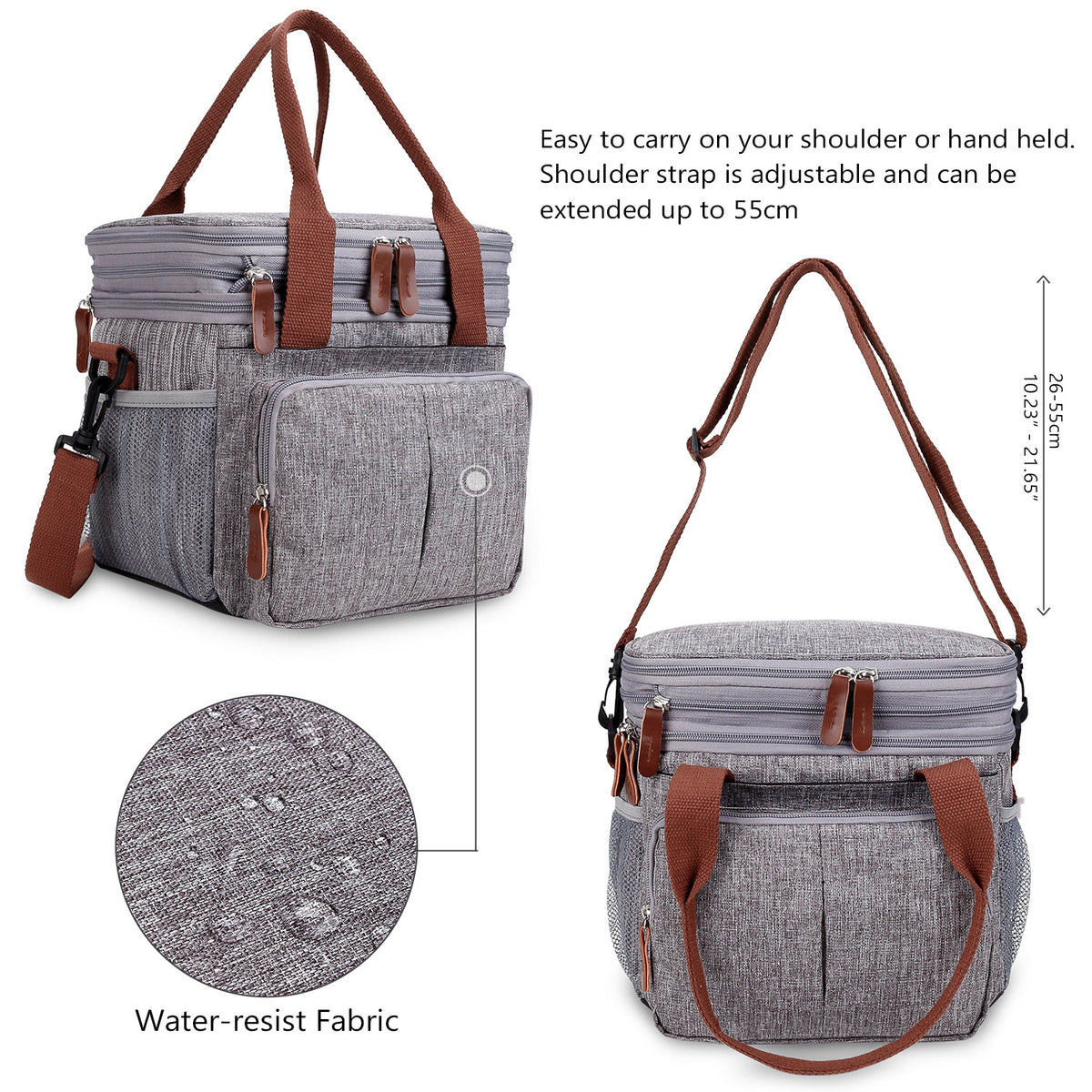 water-resistant cooler bag with top carry handles and adjustable shoulder strap for hand or shoulder carrying
