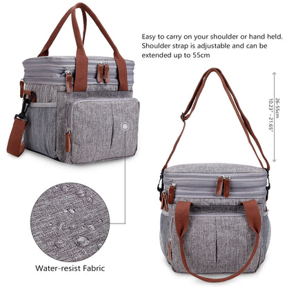 water-resistant cooler bag with top carry handles and adjustable shoulder strap for hand or shoulder carrying