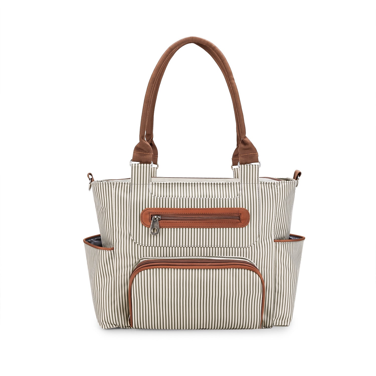 Water resistant diaper bag tote with front organization pockets